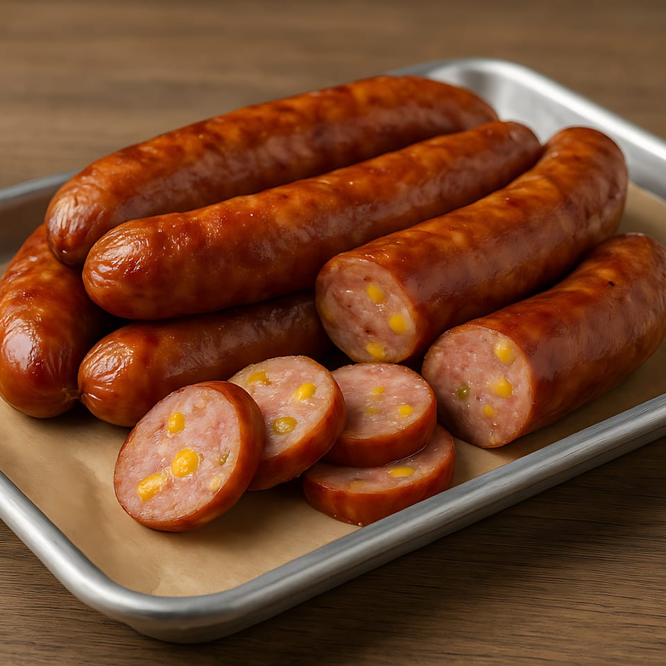 Several whole and sliced sausages with visible corn kernels on a baking sheet.