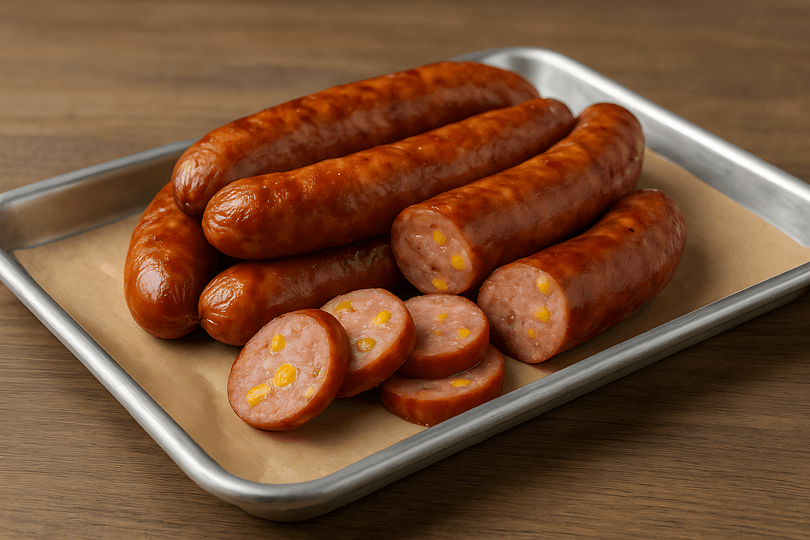 Several whole and sliced sausages with visible corn kernels on a baking sheet.